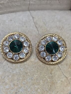 Vintage Gold-Tone Clip On Earrings with Emerald Crystal Center and Clear Crystal